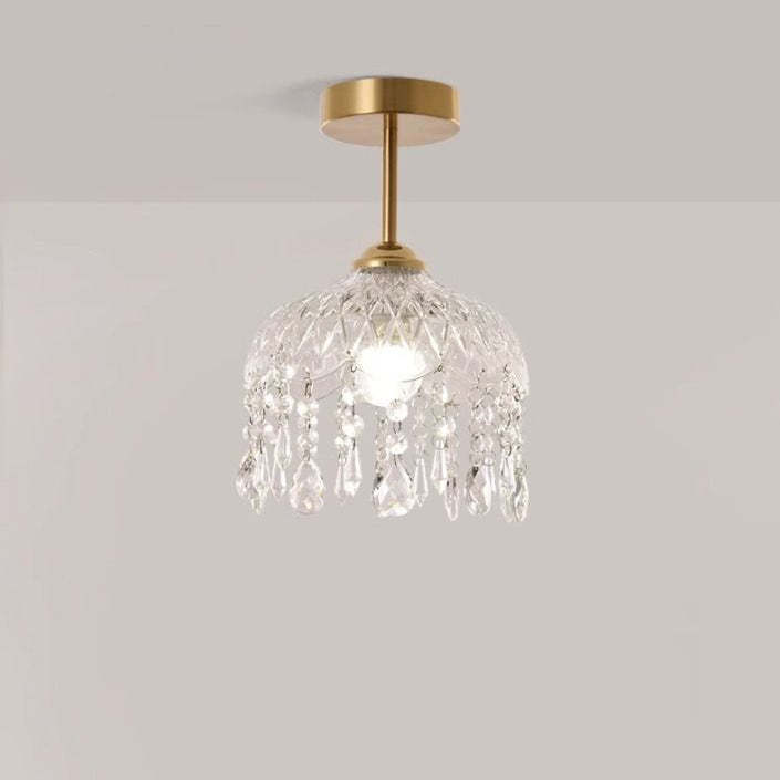 Traditional French Iron Crystal & Glass Dome Tassel 1-Light Semi-Flush Mount Ceiling Light For Hallway