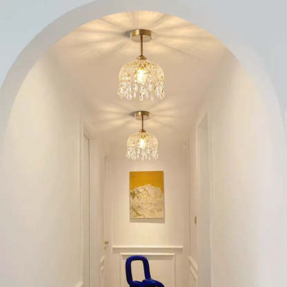 Traditional French Iron Crystal & Glass Dome Tassel 1-Light Semi-Flush Mount Ceiling Light For Hallway