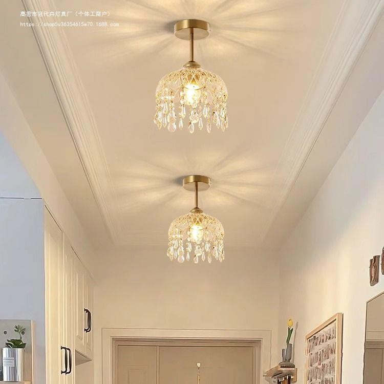 Traditional French Iron Crystal & Glass Dome Tassel 1-Light Semi-Flush Mount Ceiling Light For Hallway
