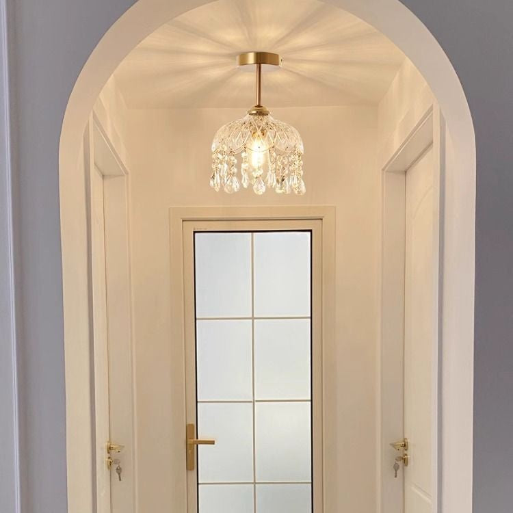 Traditional French Iron Crystal & Glass Dome Tassel 1-Light Semi-Flush Mount Ceiling Light For Hallway