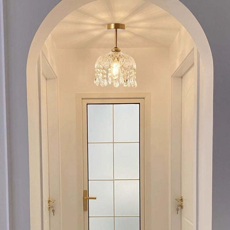 French Iron Crystal & Glass Dome Tassel 1-Light Semi-Flush Mount Ceiling Light