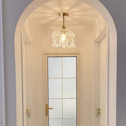 Traditional French Iron Crystal & Glass Dome Tassel 1-Light Semi-Flush Mount Ceiling Light For Hallway