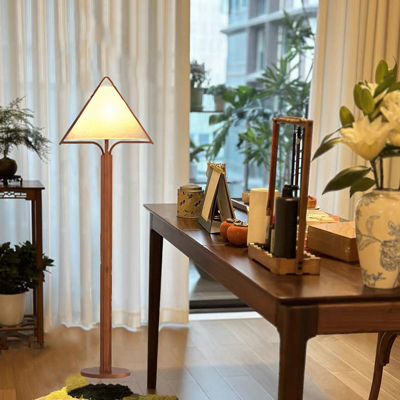 Vintage Wood Fabric Cylinder Floor Lamp