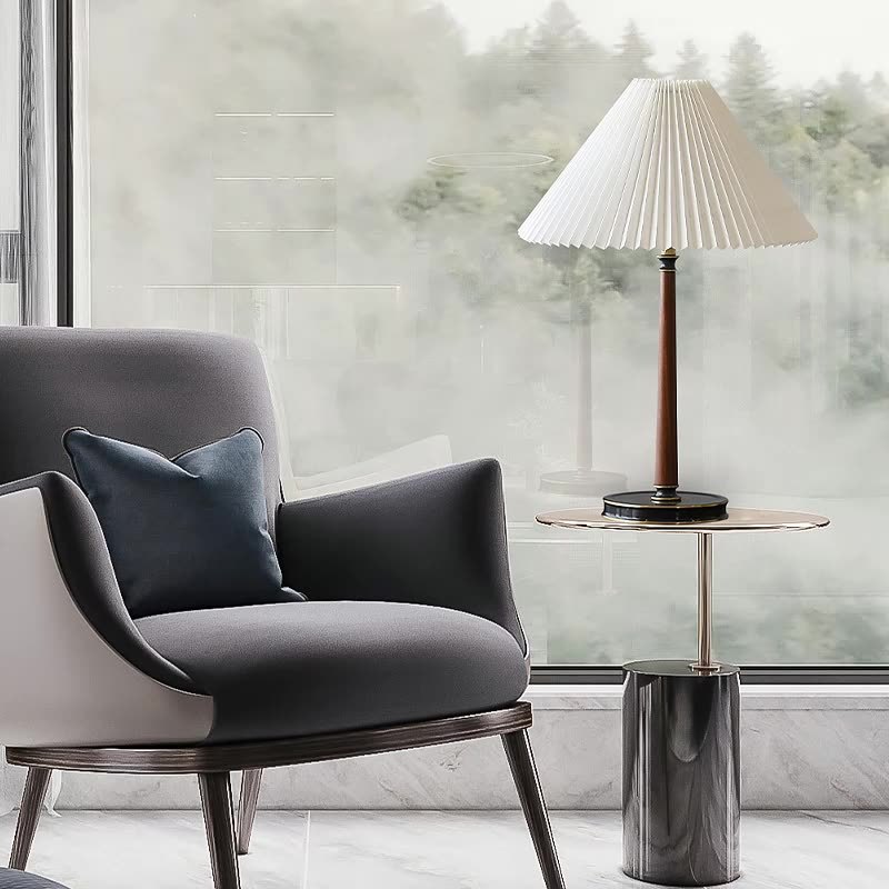 Minimalist Metal Wood Pleated Fabric Cone Lamp