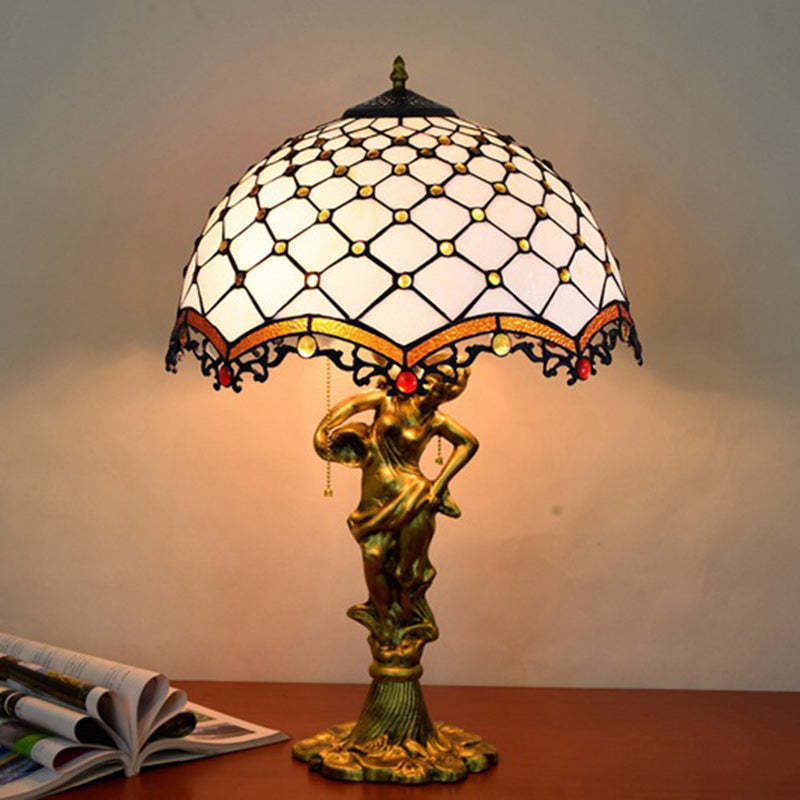 Tiffany Alloy Stained Glass Dome Lady Sculpture Table Lamp