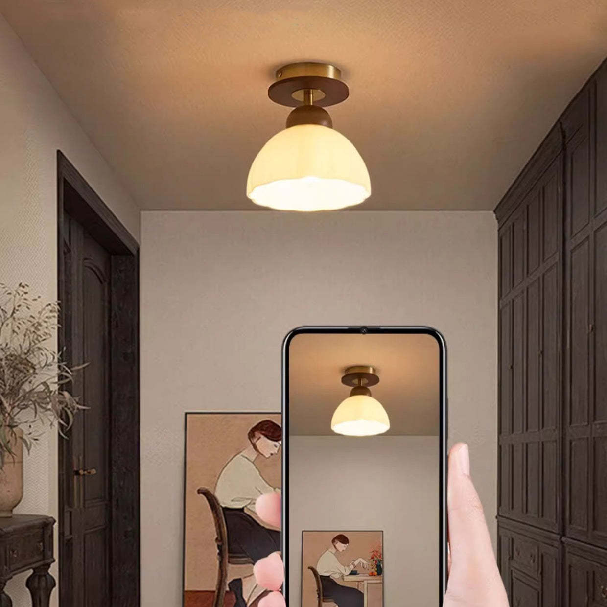 Retro Walnut Floral 1-Light Ceiling Light