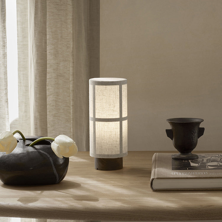 Japanese Fabric Wood Cylindrical Table Lamp