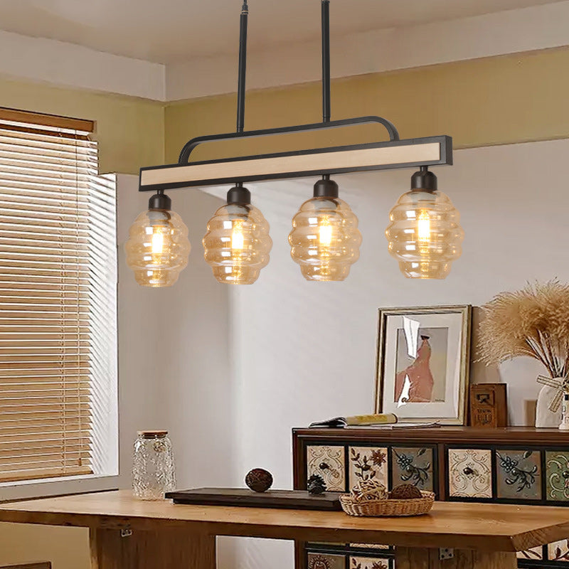 Iron Wood Glass Honey-Jar Island Chandelier
