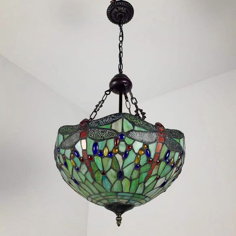 Tiffany Alloy Stained Glass Dragonfly Dome Chandelier