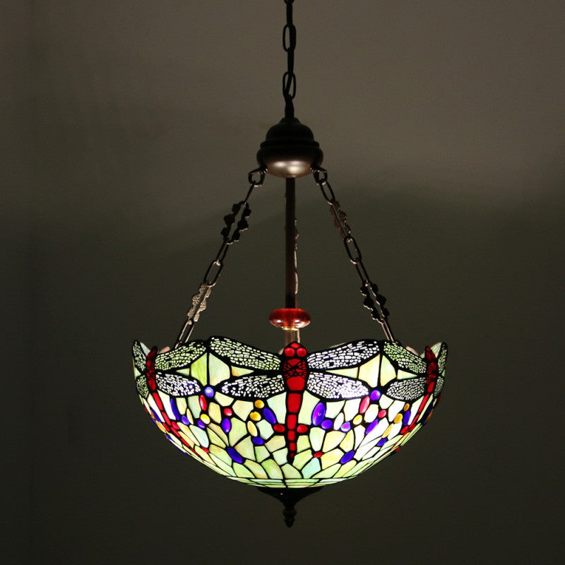 Tiffany Alloy Stained Glass Dragonfly Dome Chandelier