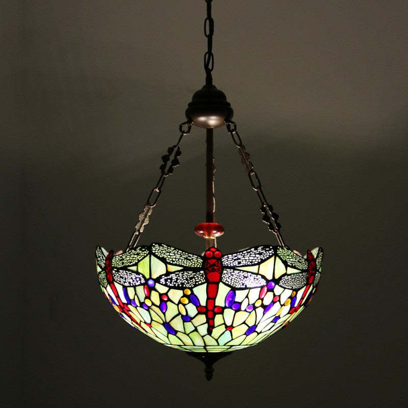 Tiffany Alloy Stained Glass Dragonfly Dome Chandelier