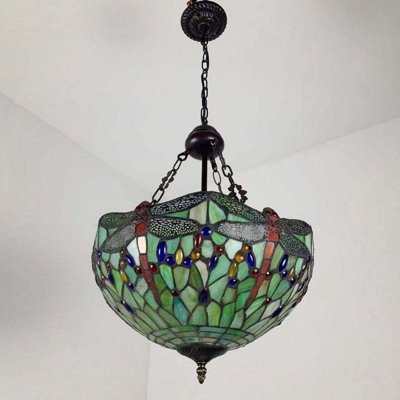 Tiffany Alloy Stained Glass Dragonfly Dome Chandelier