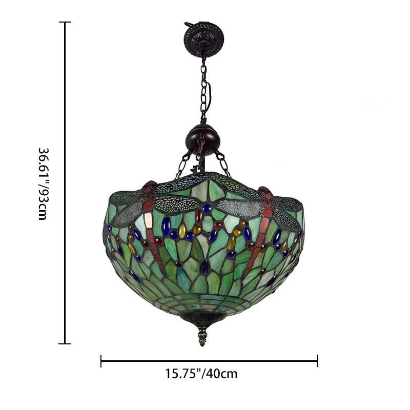Tiffany Alloy Stained Glass Dragonfly Dome Chandelier