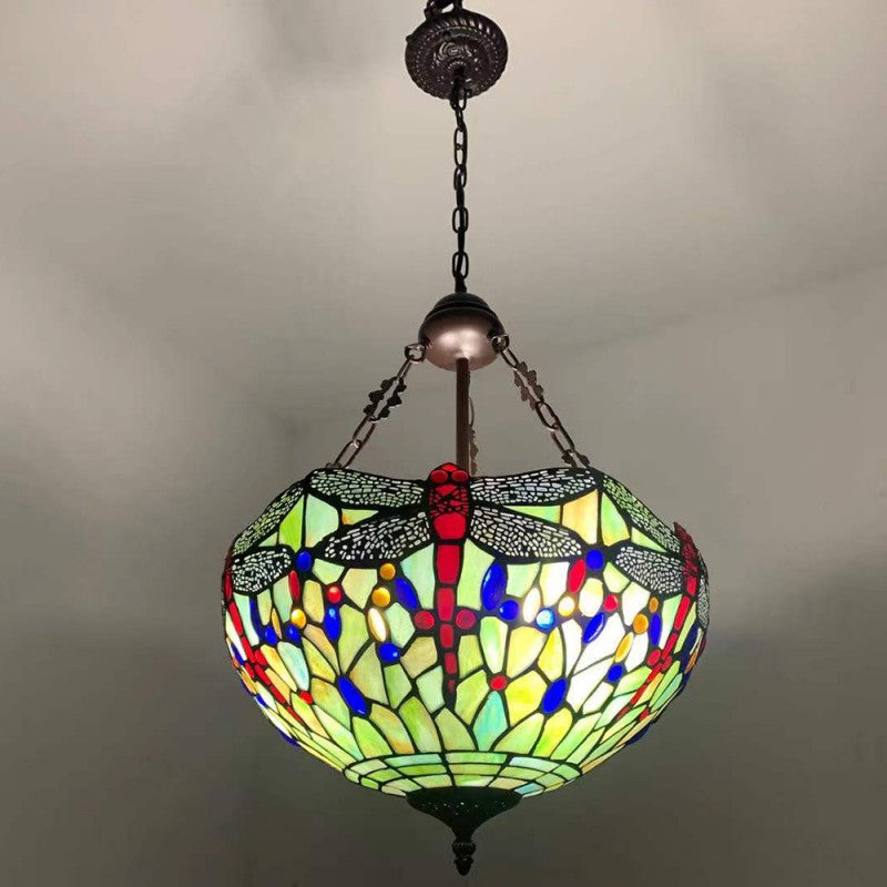 Tiffany Alloy Stained Glass Dragonfly Dome Chandelier — 220V-240V For UK/AU