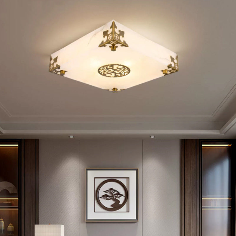Chinese Brass Jade Square LED Flush Mount Light