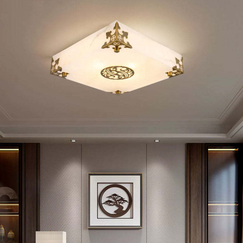 Chinese Brass Jade Square LED Flush Mount Light