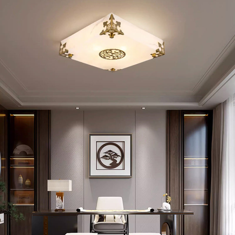 Chinese Brass Jade Square LED Flush Mount Light