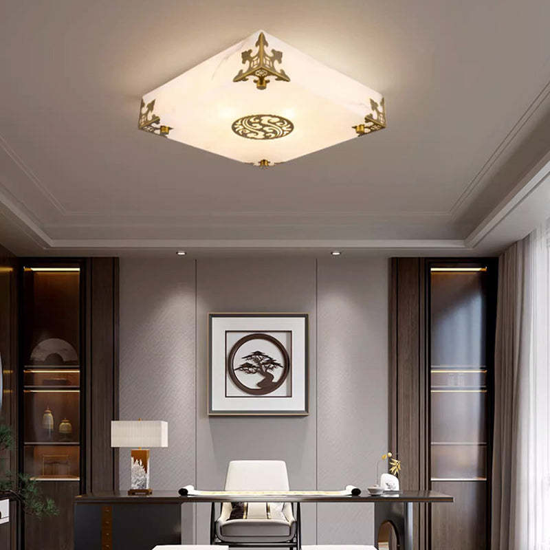 Chinese Brass Jade Square LED Flush Mount Light