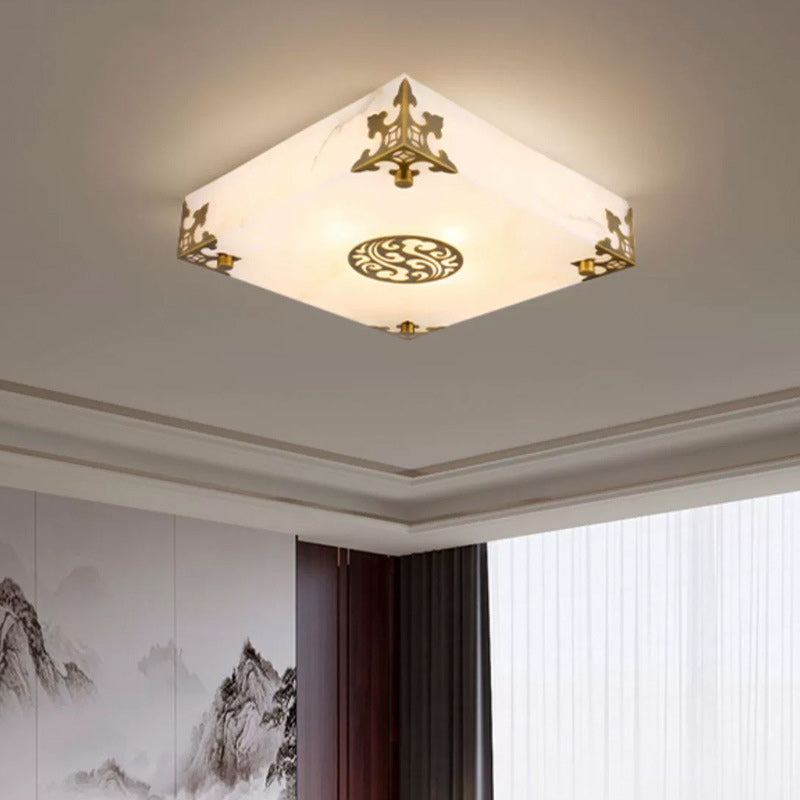 Chinese Brass Jade Square LED Flush Mount Light