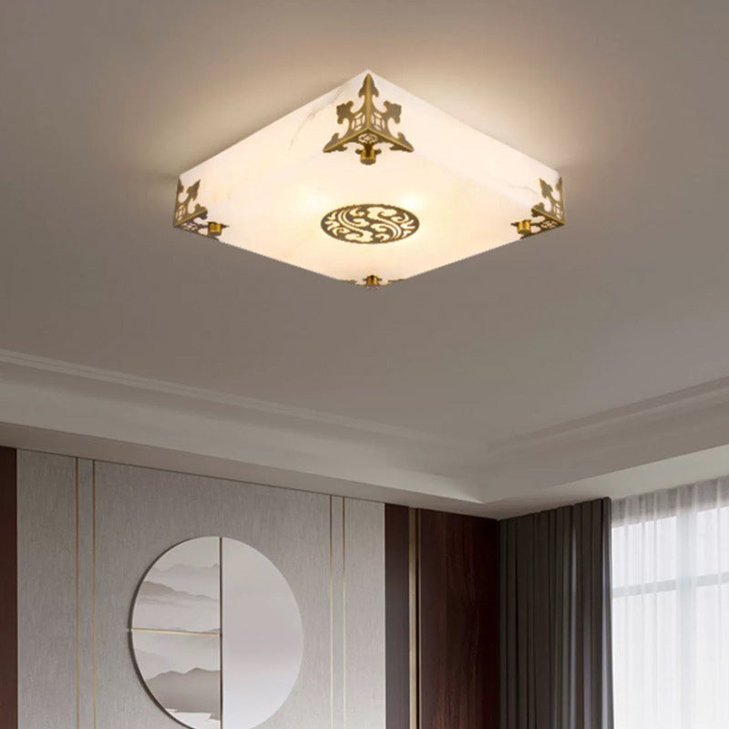 Chinese Brass Jade Square LED Flush Mount Light