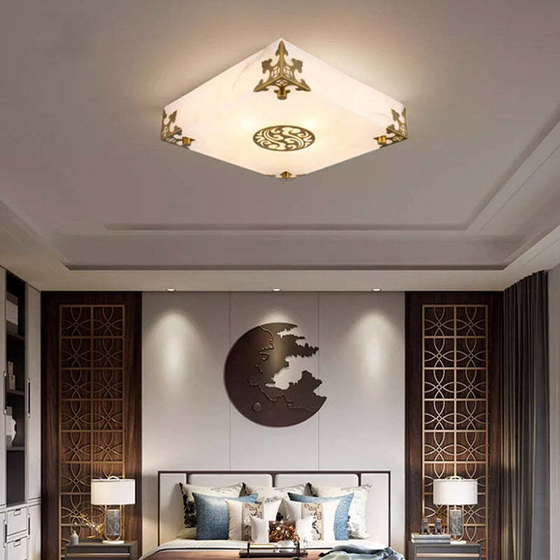 Chinese Brass Jade Square LED Flush Mount Light