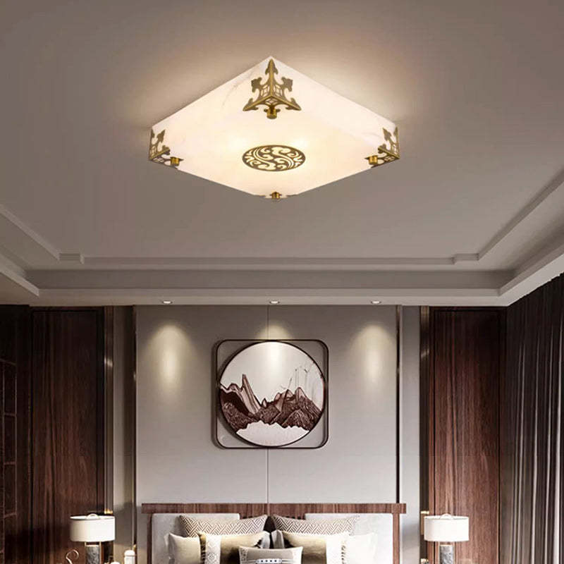 Chinese Brass Jade Square LED Flush Mount Light