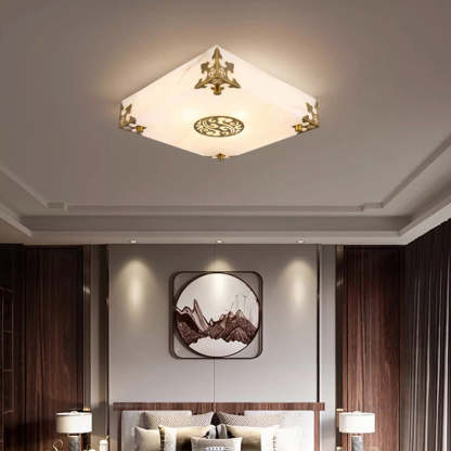 Chinese Brass Jade Square LED Flush Mount Light