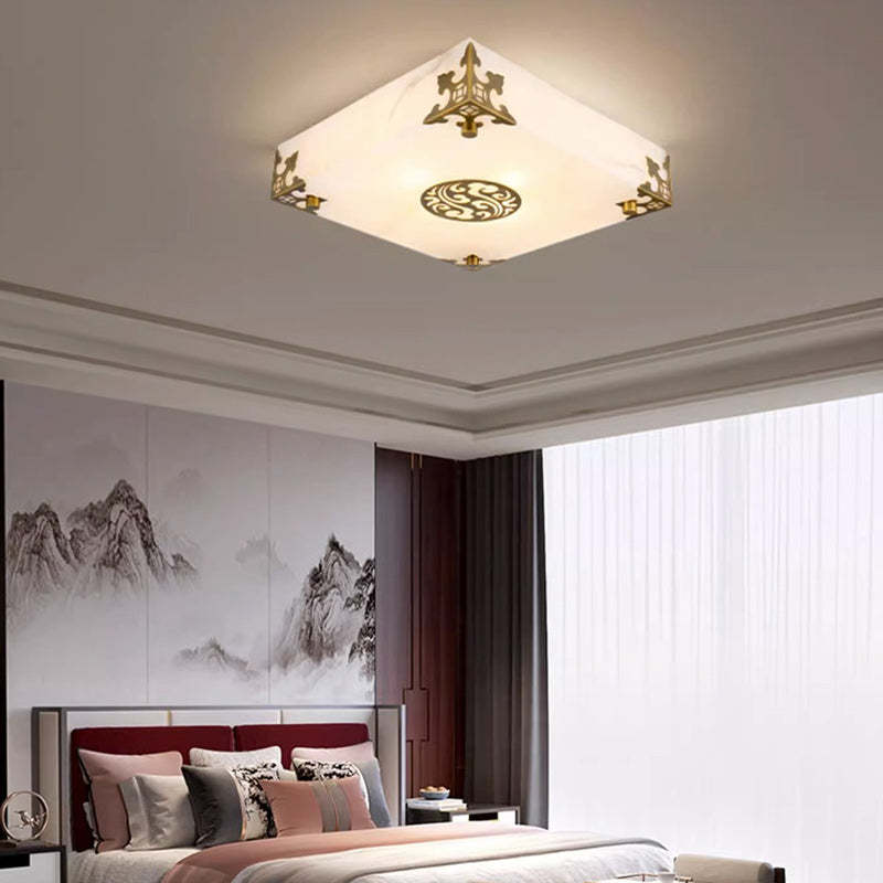 Chinese Brass Jade Square LED Flush Mount Light