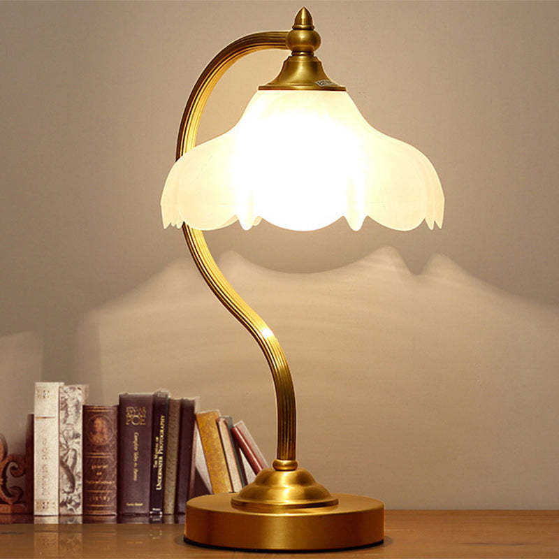 European Brass Glass Floral Round Table Lamp