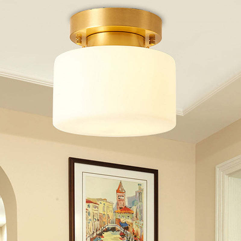 Chinese Brass Cylindrical 1-Light Semi-Flush Ceiling Light