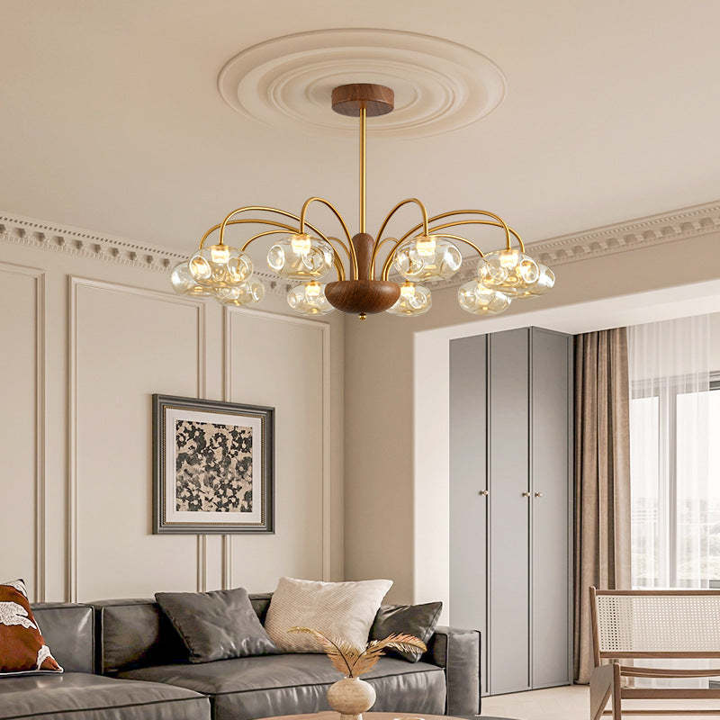 French Iron Glass Irregular Round LED Chandelier — 6 / Walnut Color + Gold - 110V-120V For US/CA / Infinitely Dimmable