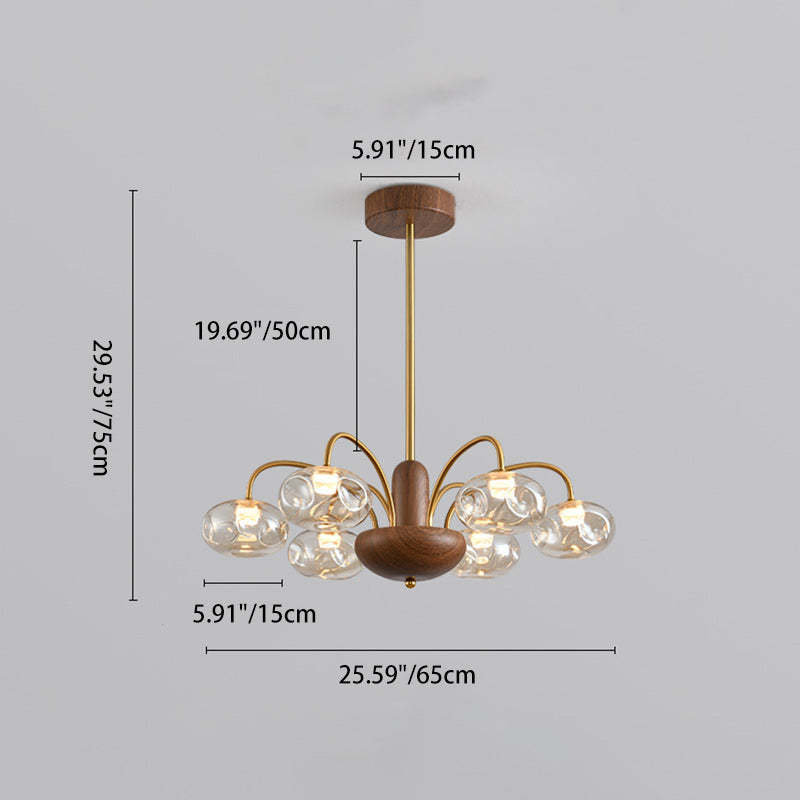 French Iron Glass Irregular Round LED Chandelier — 6 / Walnut Color + Chrome - 110V-120V For US/CA / Infinitely Dimmable