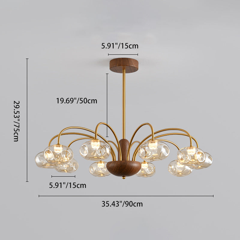 French Iron Glass Irregular Round LED Chandelier — 6 / Walnut Color + Chrome - 220V-240V For UK/AU / Infinitely Dimmable