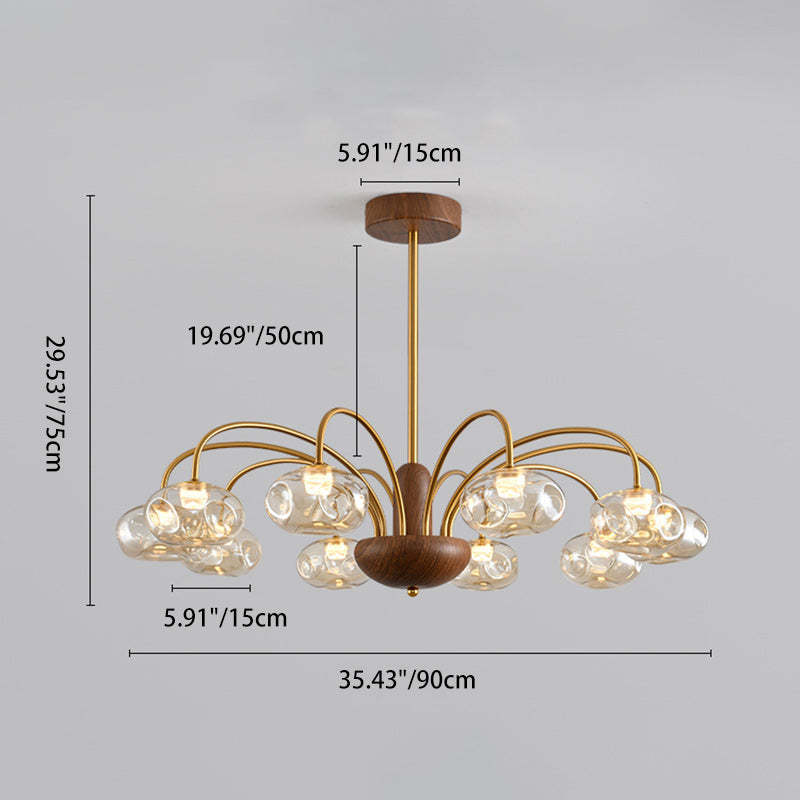 French Iron Glass Irregular Round LED Chandelier — 6 / Walnut Color + Chrome - 220V-240V For UK/AU / Infinitely Dimmable