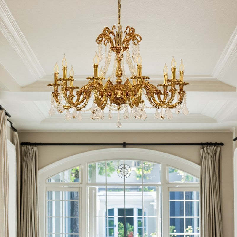 European Brass Crystal Candle Chandelier
