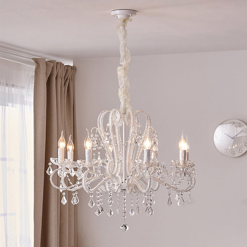 French Metal Glass Crystal Arched Candle Tassel Chandelier