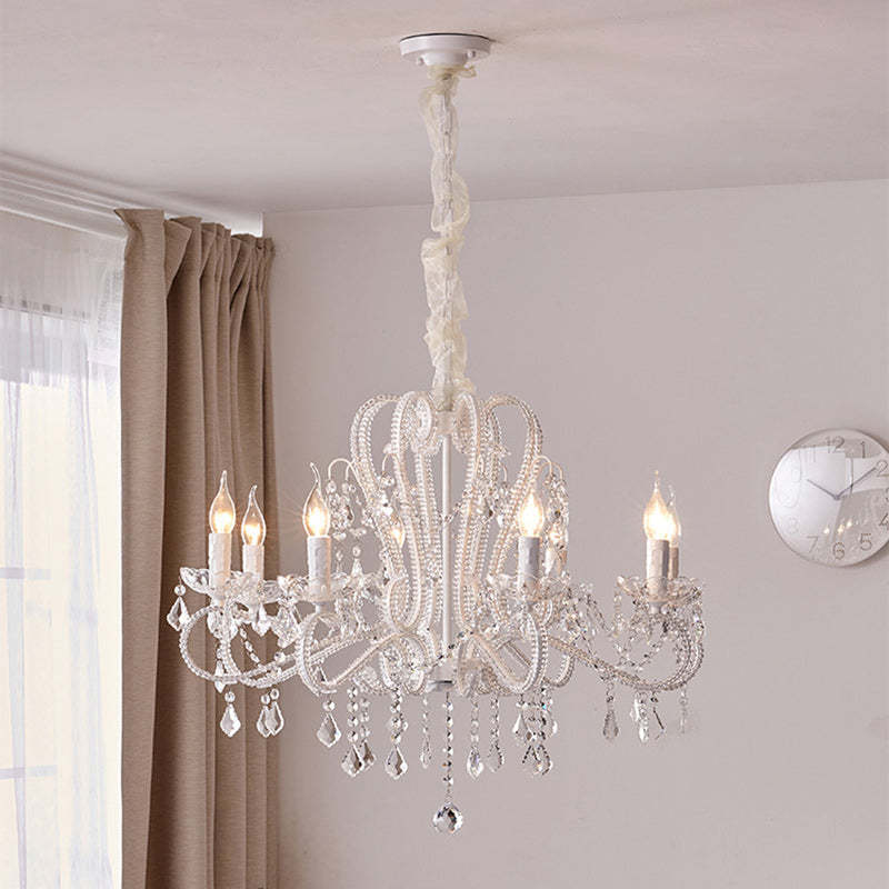 French Metal Glass Crystal Arched Candle Tassel Chandelier