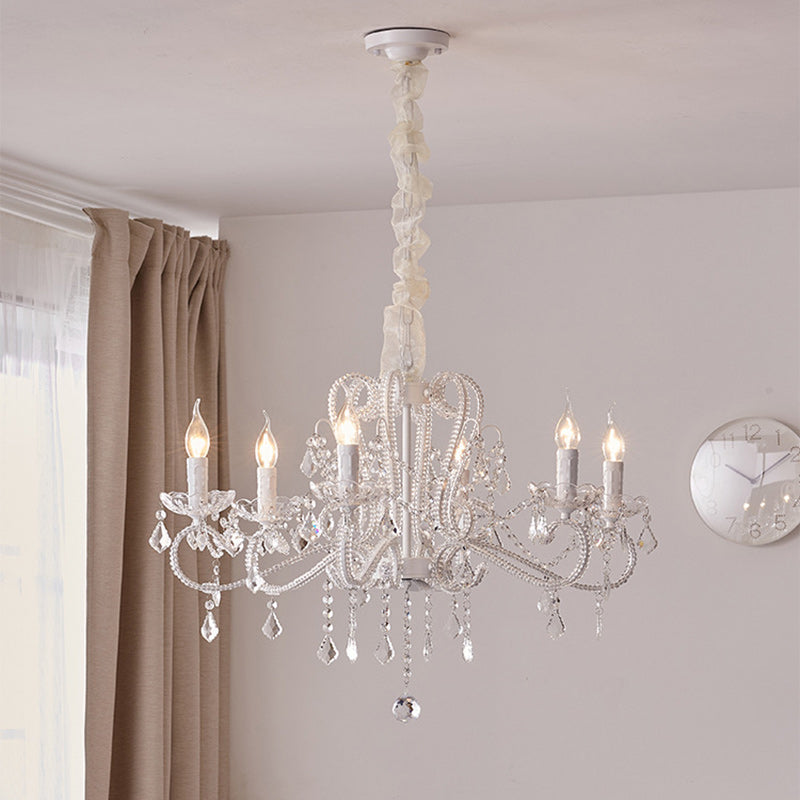 French Metal Glass Crystal Arched Candle Tassel Chandelier