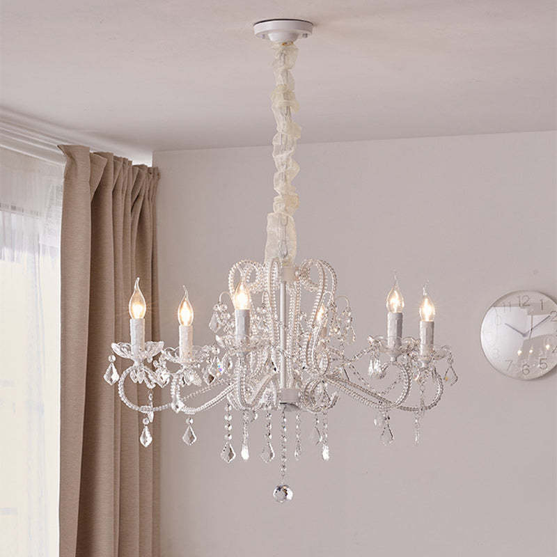French Metal Glass Crystal Arched Candle Tassel Chandelier