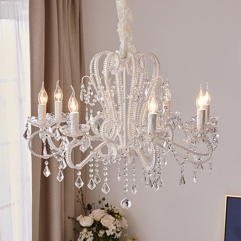French Metal Glass Crystal Arched Candle Tassel Chandelier