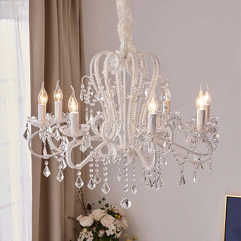 French Metal Glass Crystal Arched Candle Tassel Chandelier