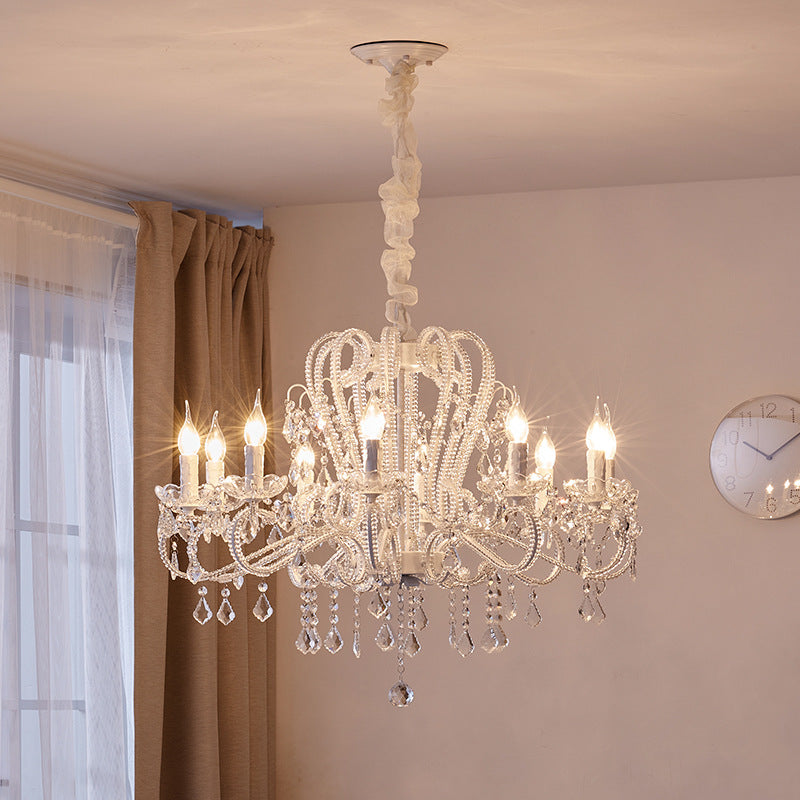 French Metal Glass Crystal Arched Candle Tassel Chandelier