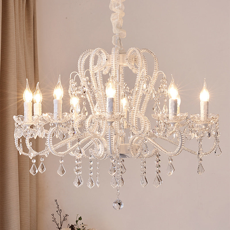 French Metal Glass Crystal Arched Candle Tassel Chandelier