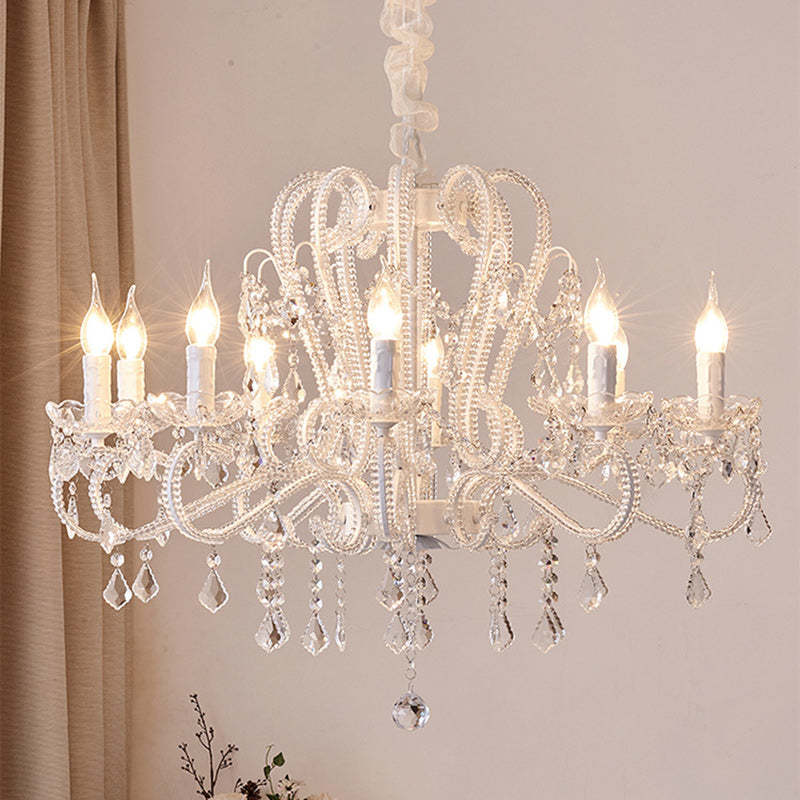 French Metal Glass Crystal Arched Candle Tassel Chandelier