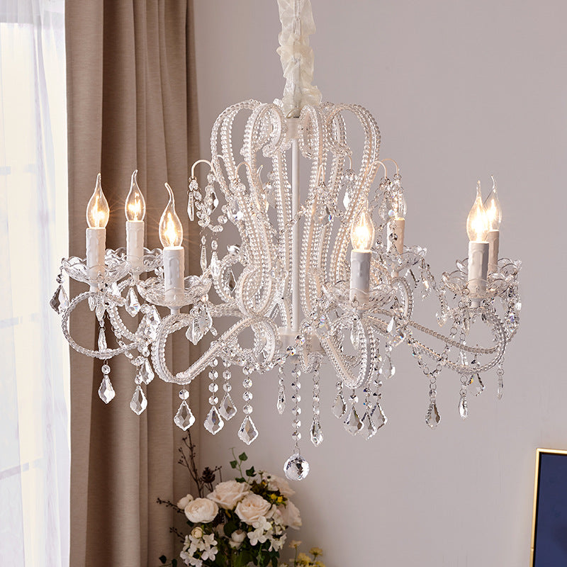 French Metal Glass Crystal Arched Candle Tassel Chandelier