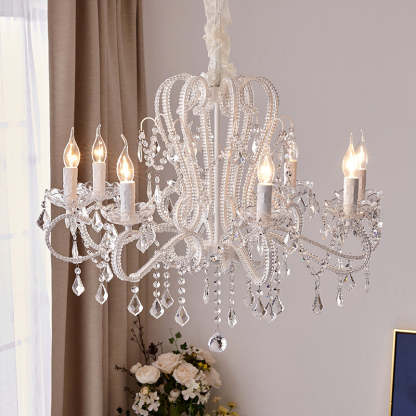French Metal Glass Crystal Arched Candle Tassel Chandelier