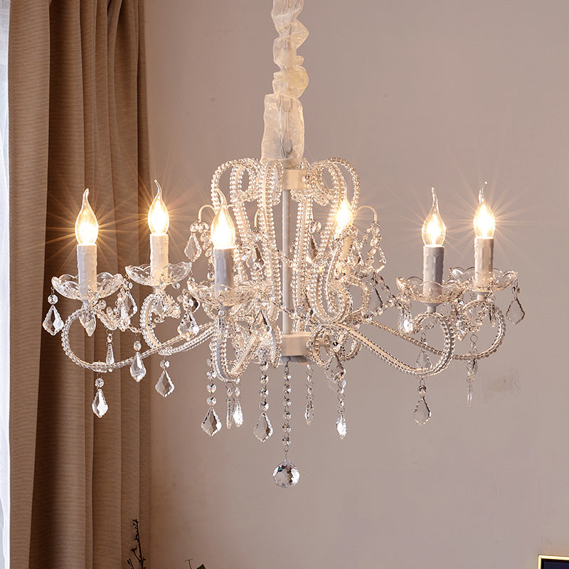 French Metal Glass Crystal Arched Candle Tassel Chandelier