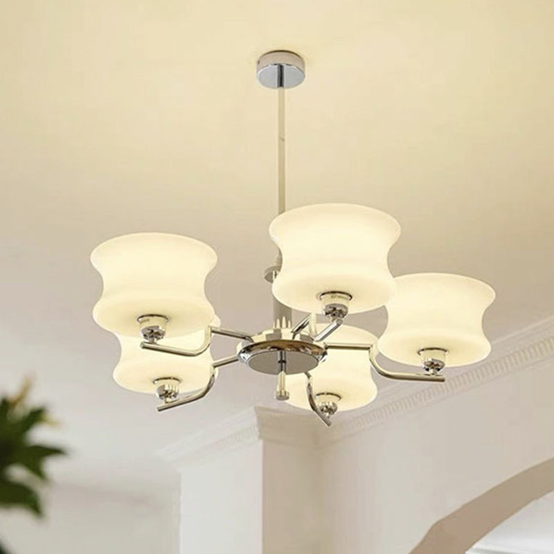 Mid-Century Metal Glass Round Chandelier — 5 / Chrome Frame + Milky Yellow Lampshade / 220V-240V For UK/AU