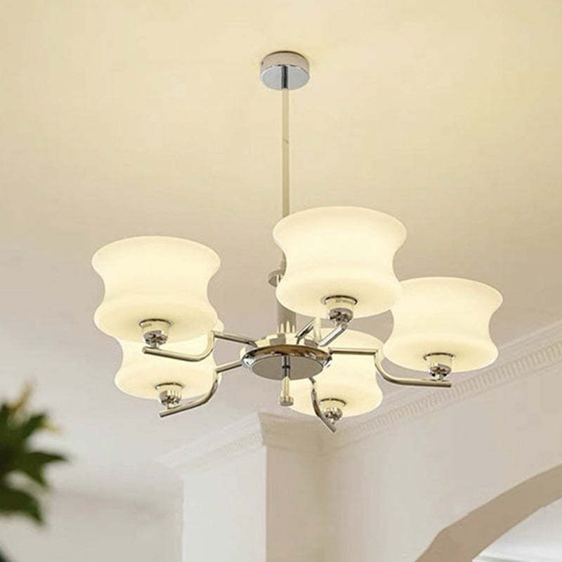 Mid-Century Metal Glass Round Chandelier — 5 / Chrome Frame + Milky Yellow Lampshade / 220V-240V For UK/AU