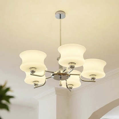 Mid-Century Metal Glass Round Chandelier — 5 / Chrome Frame + Milky Yellow Lampshade / 220V-240V For UK/AU